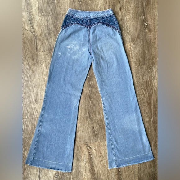 Super Cute Vintage 70s Distressed XXS 22” “What’s In a Name?” Bell Bottom Jeans - Picture 2 of 16
